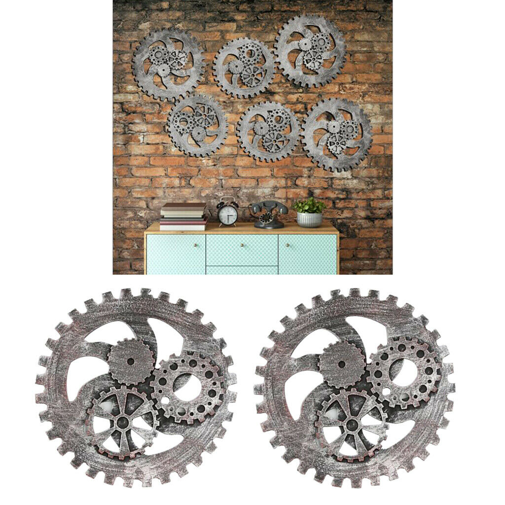 2 Pcs Industrial Style Wooden Machine Gear Wall Decor Background for Cafe Shop