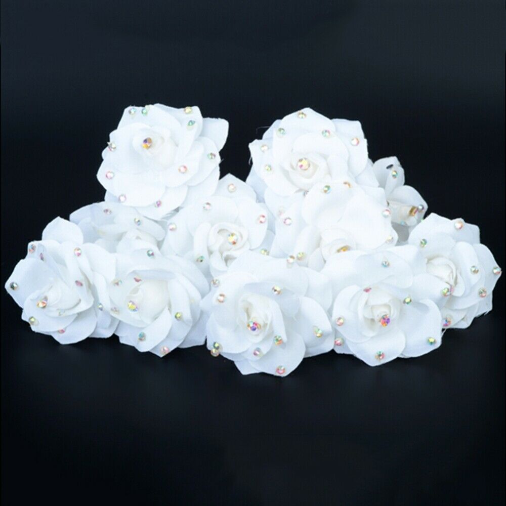 Women Hair Clips 10pcs White Rose Cloth Crystal U-shaped Hair Pin Barrette Party