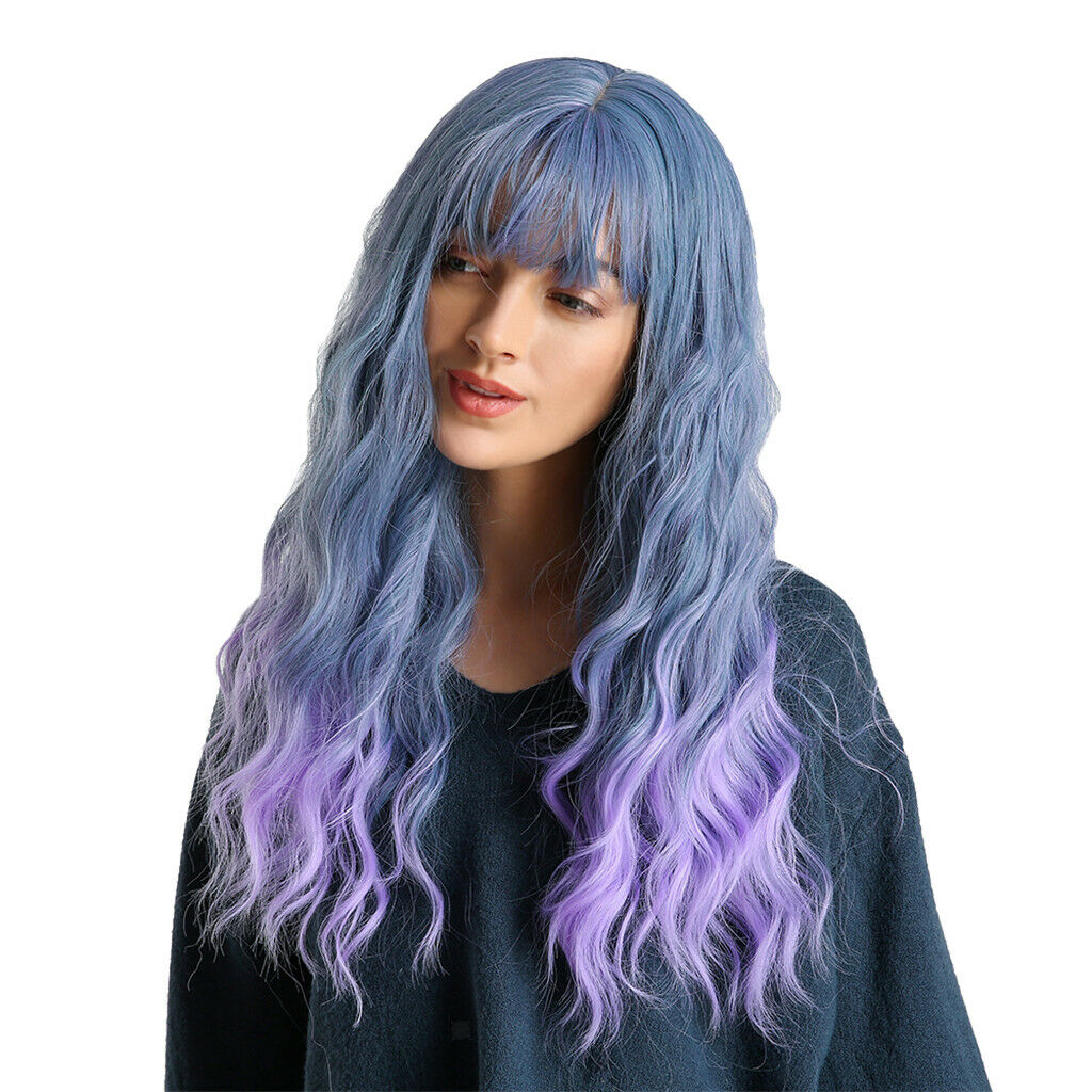 24" Blue Ombre Purple Synthetic Wigs Long Curly Anime Wig for Women w/ Bangs