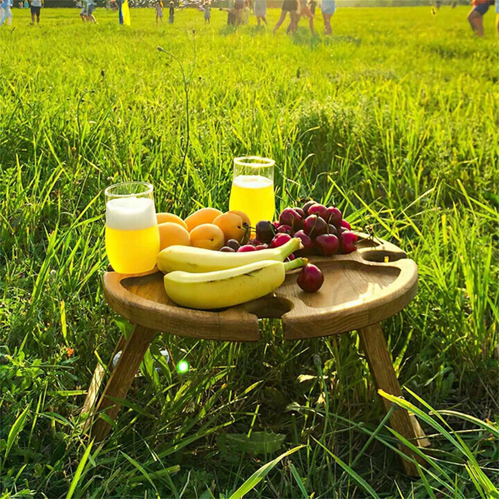 Picnic Table with Glass Holder for Hiking Family Party Camping Round Desktop