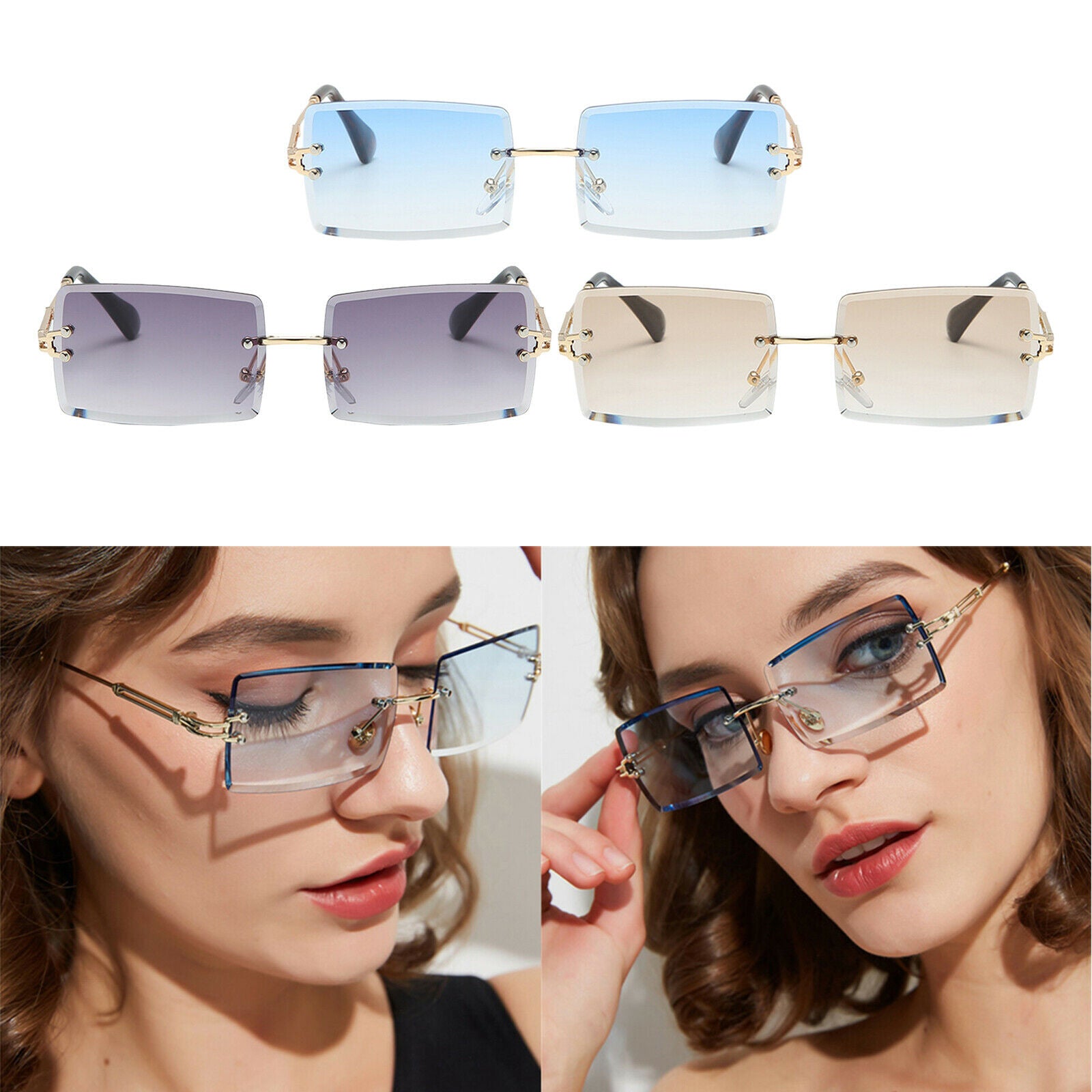 3x Womens Rimless Sunglasses Retro Classic Tinted Lens Metal Frame Anti UV