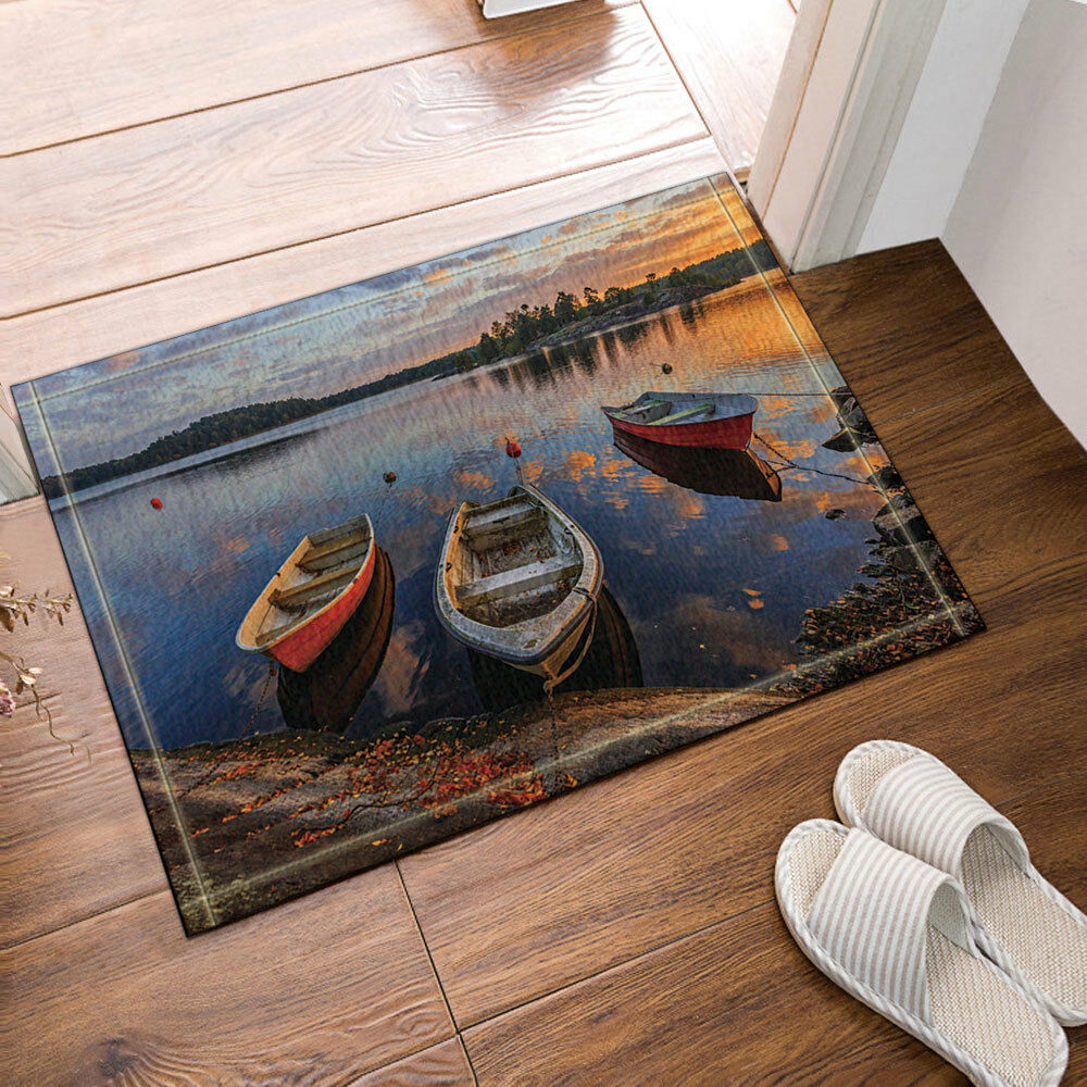 Boats On Lake In Sunset Bathroom Rug Non-Slip Floor Indoor Door Mat 16x24"