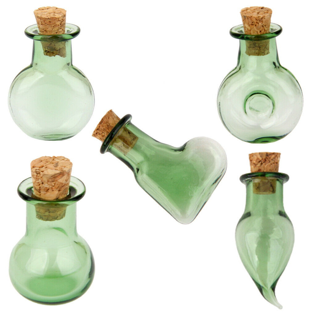 10 Glass Cork Bottles Flat Base Jars Vial Wishing Bottle DIY Pendants Green