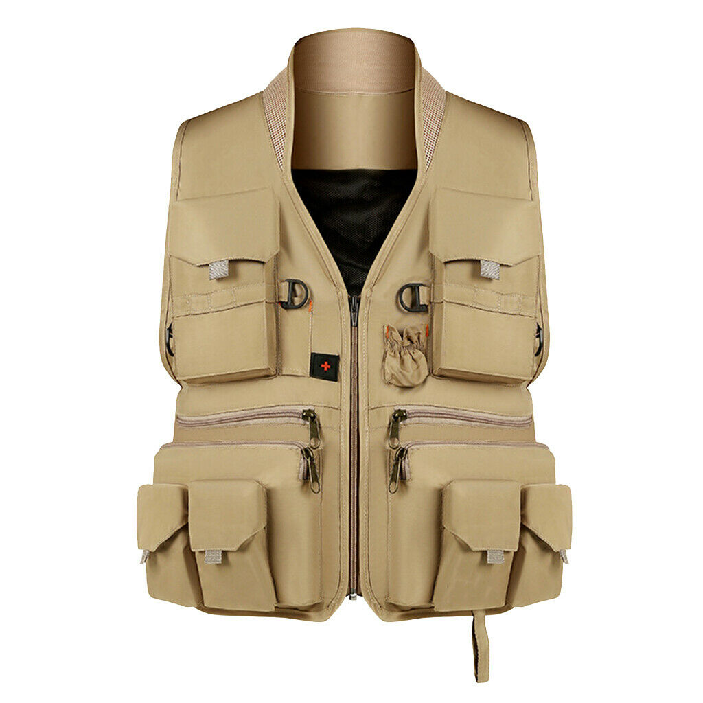 Multi Pocket Photography Hunting Fishing Vest Jacket Waistcoat Khaki XL