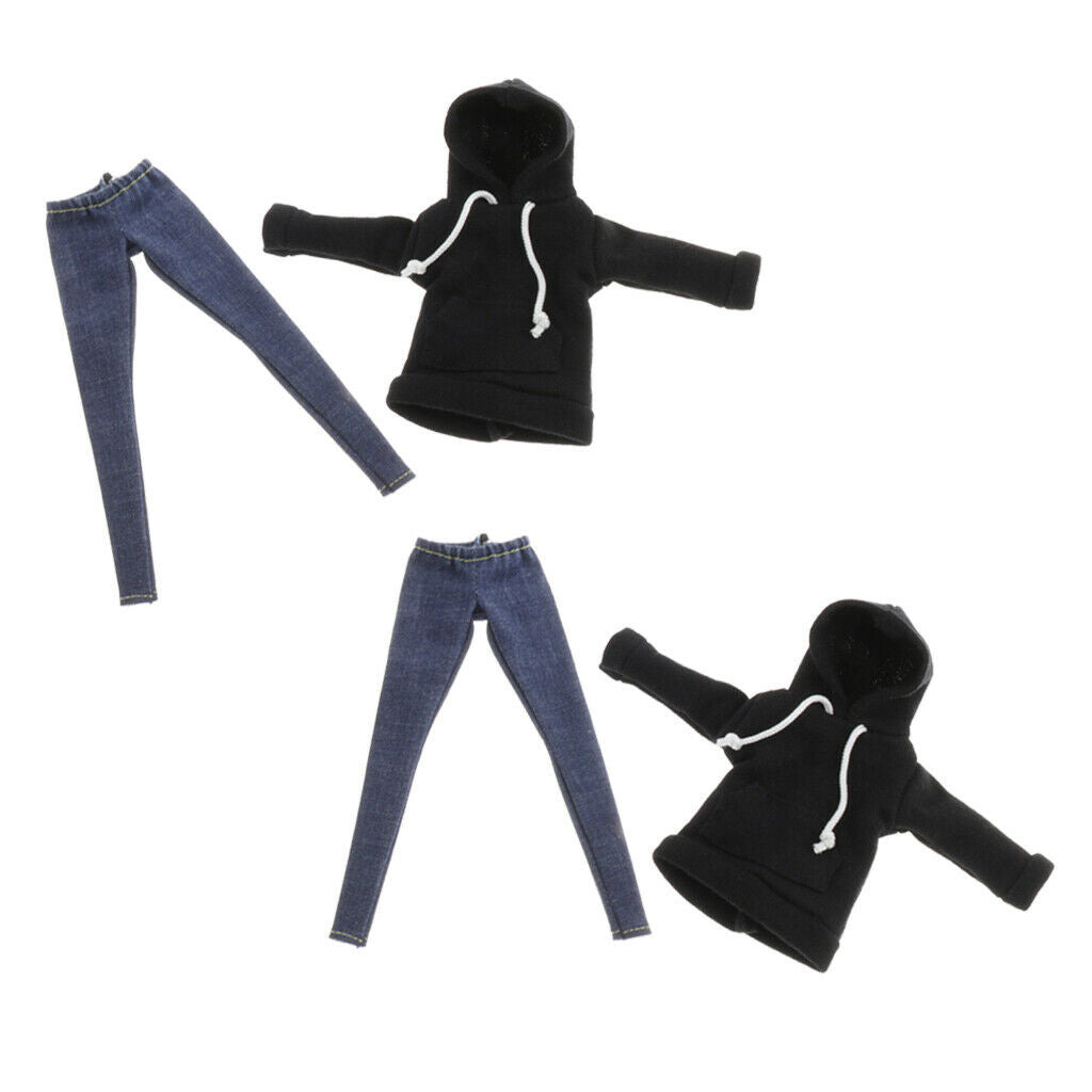 Lots 2 BJD Costume Black Hoodie & Jeans Pants for 1/6 Blythe Dollfie BB Accs
