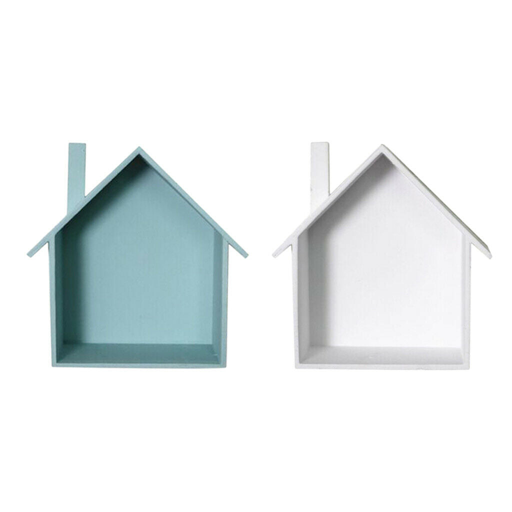 2x Wood Shelves Floating Storage Shelf Wall Decor House Shaped Blue White for