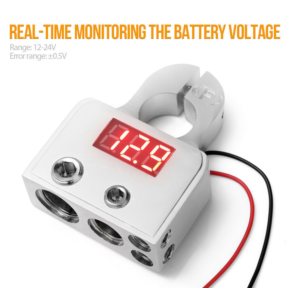 2X Digital Car Battery Terminal Connectors LED Voltmeter 0/4/8 Gauge Power Post