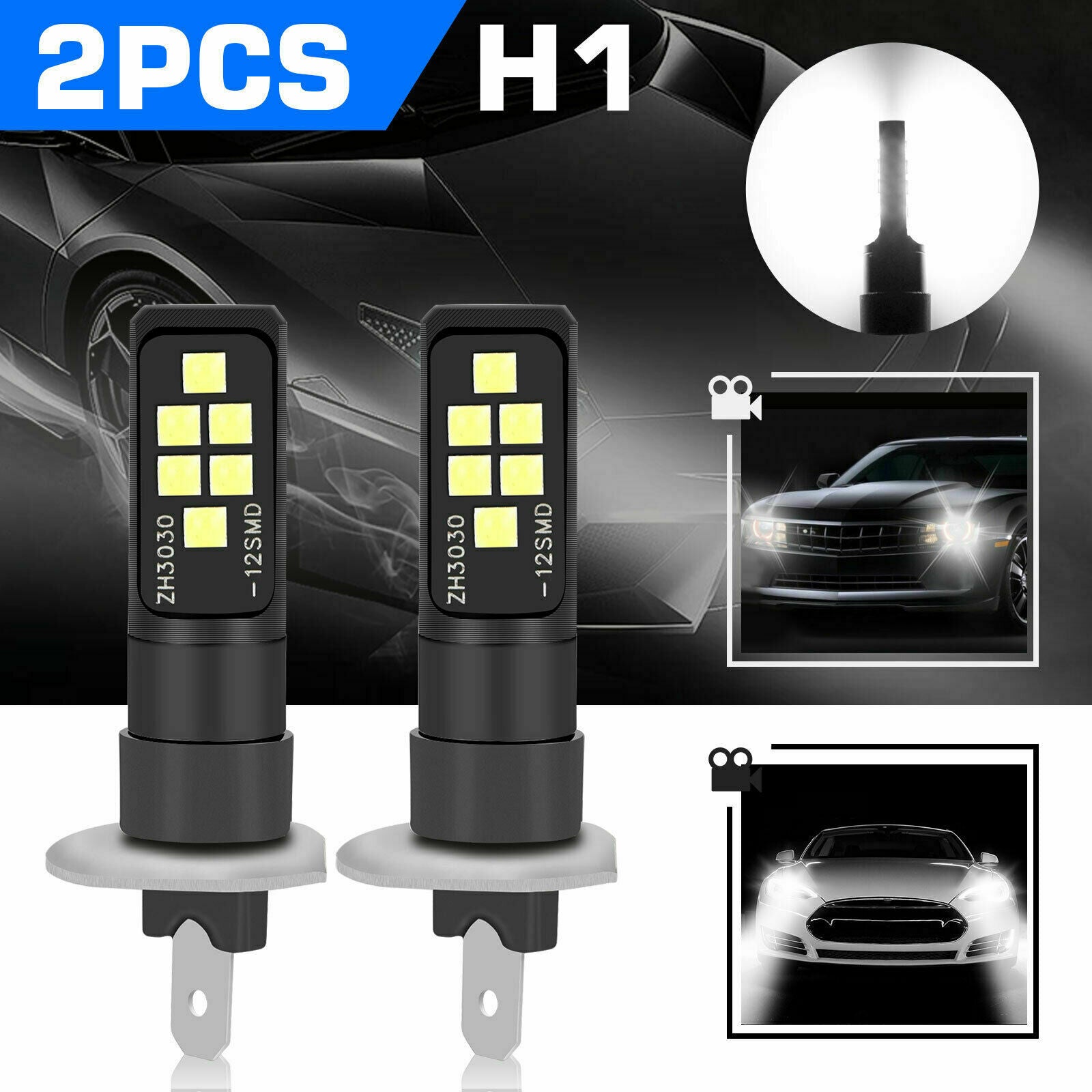 2x H1 Super White 6000K LED Headlight Fog Driving Bulbs Kit High Low Beam Lamps