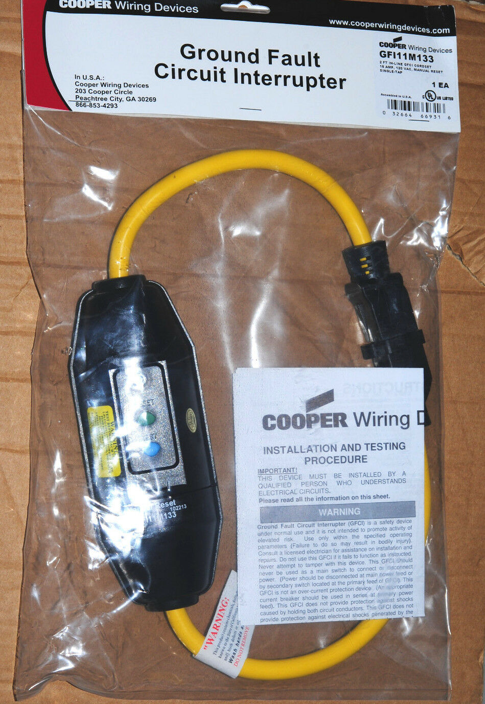 1pcs-COOPER Wiring GFI11M133 15A 120V Portable GFCI 2FT IN-LINE
