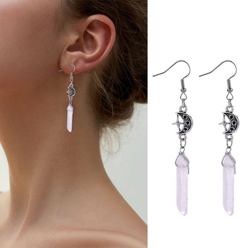 Clear Quartz Moon Earrings - Boho, Witchy, Natural Stones, Esoteric, Celestial~