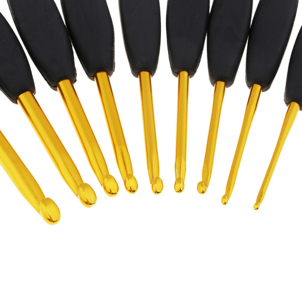 9 Sizes Black Soft Handle Aluminum Crochet Hooks Needles with Case 2mm-6mm