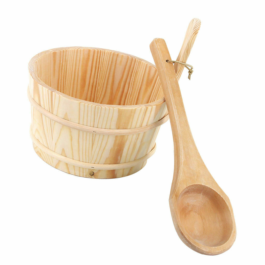 Natural Wooden Durable Sauna Bucket and Ladle Kit with Handle Water Scoop