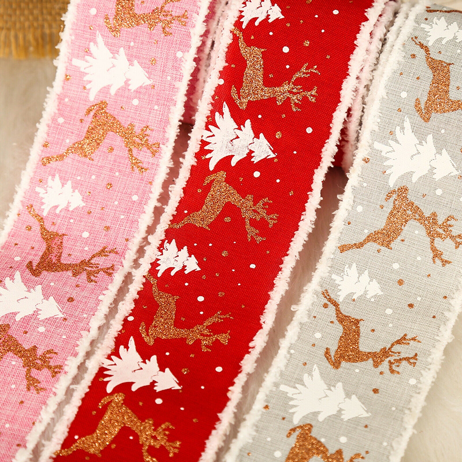 3 Rolls 5m Christmas Ribbon Linen Wired Edge Handmade Craft for Decoration