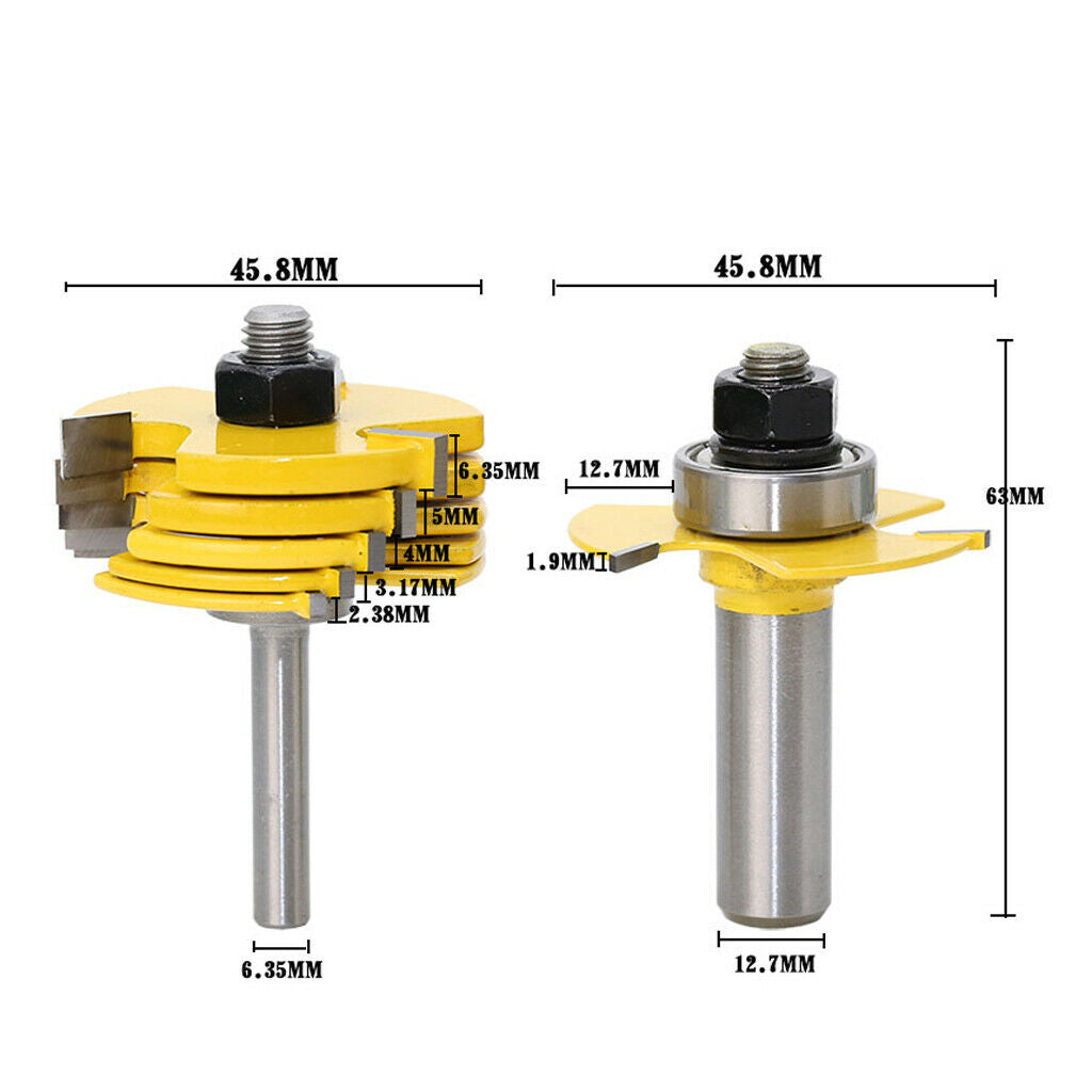6PCS Wing Set Cutter Router Bit Adjustable Slot Woodworking 2pcs Shank 1/2" 1/4