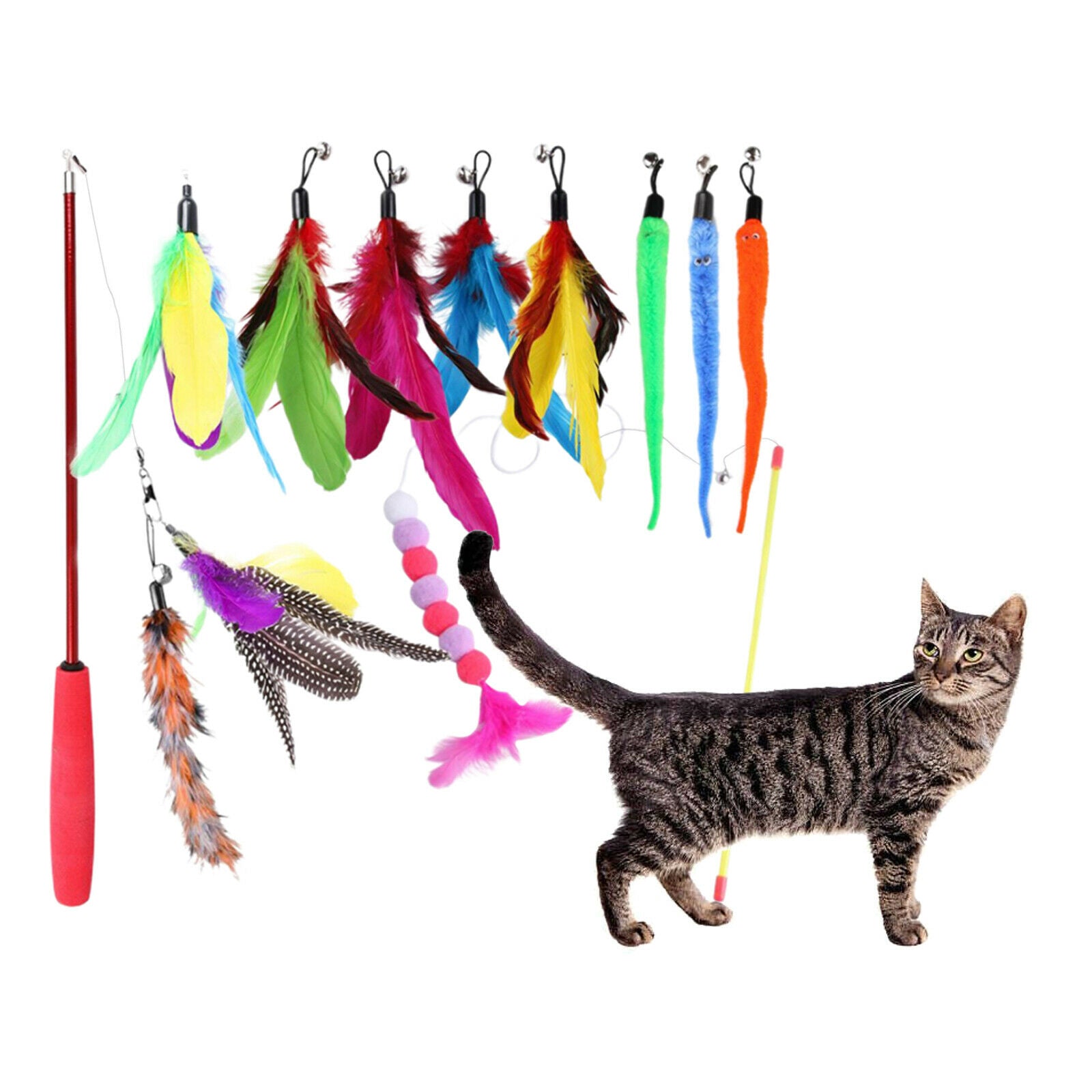 10pcs Cat Teaser Wand Toys w/Refills Interactive Kitten for Cats Playing,Trainin