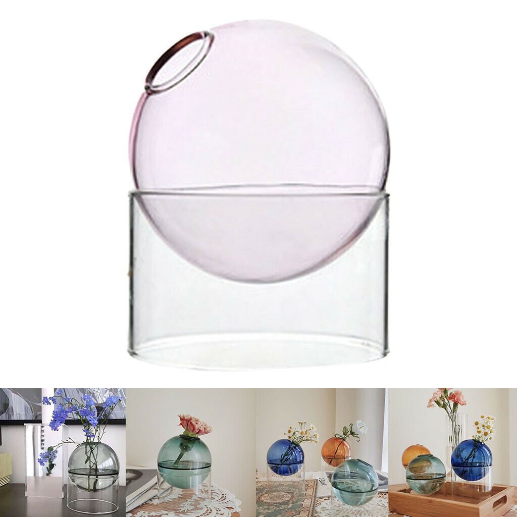 Art Clear Round Glass Vase Tabletop Terrarium Container Bud Pot Home Decor Pink