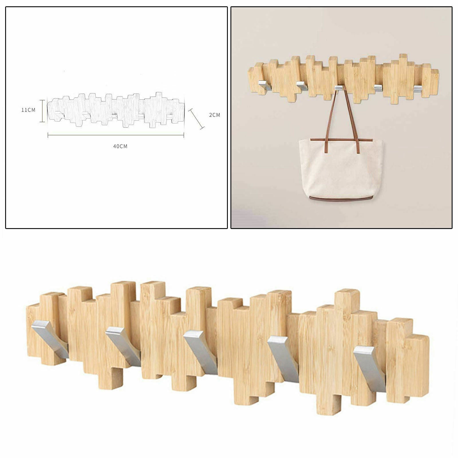 Bamboo Wall Coat Rack Hook 5 Metal Hooks Towel Entryway Hanger Classic