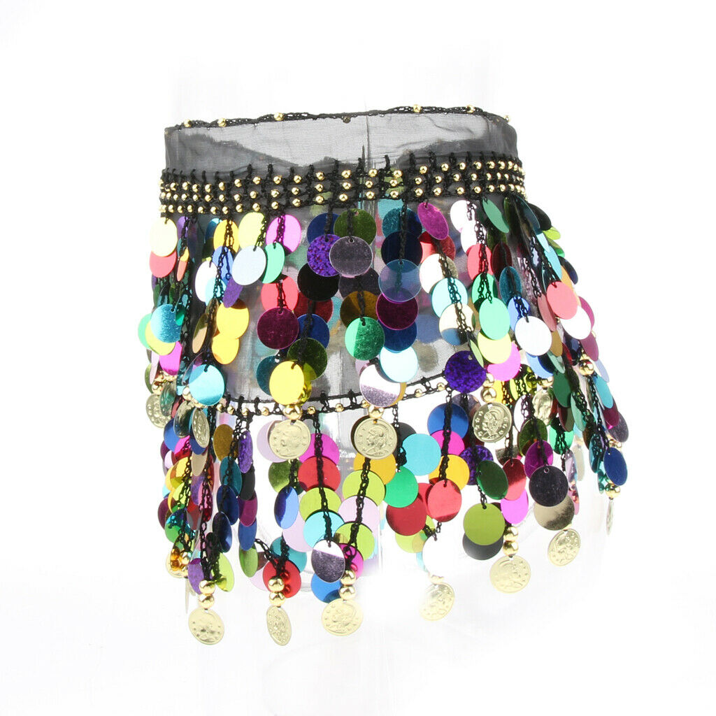 Women's Sequins Beads Belly Dance Skirt Hip Scarf Waistband Belt Black