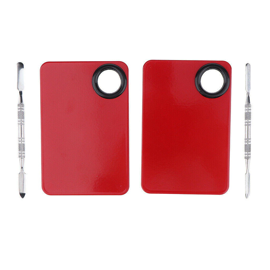 2x Retangle Nail Art Paint Makeup Foundation Mixing Palette w/ Spatula Set Red