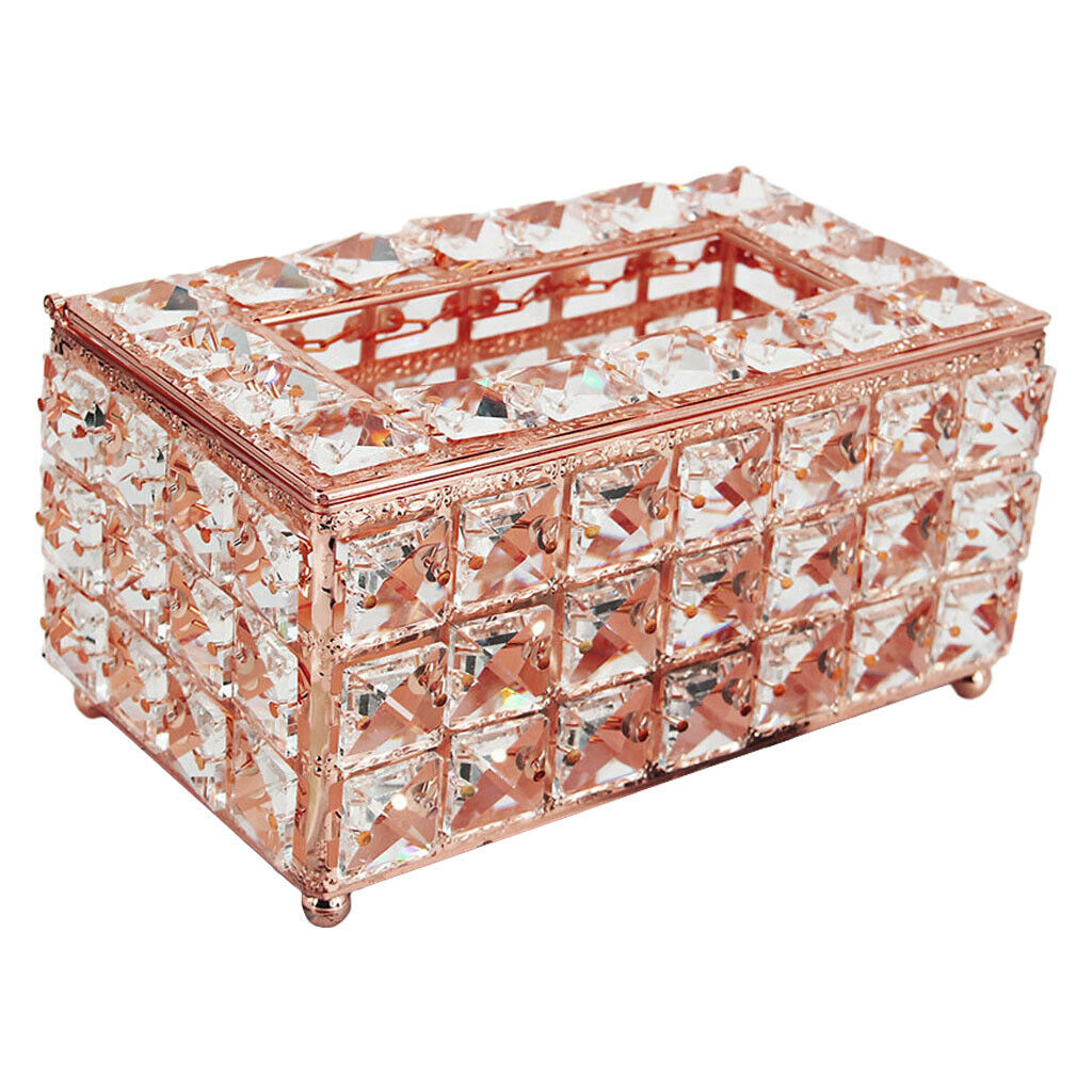 Rectangular Crystal Facial Tissue Box Cover Metal Holder for Desk Table Rose