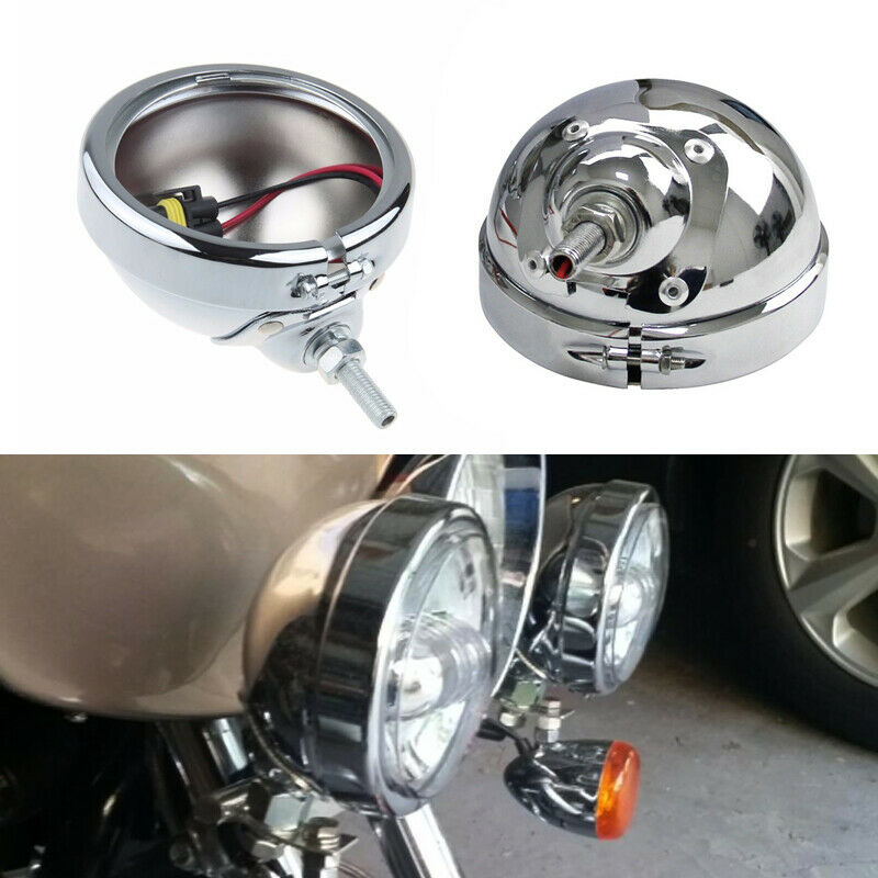 2PCS Motorcycle 4.5'' Chrome LED Fog Passing Light Housing Lamp Bulb Bucket