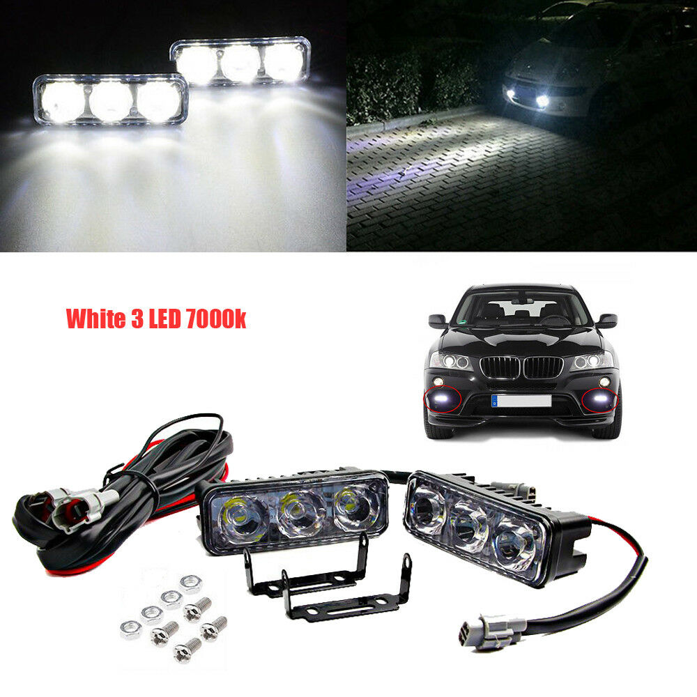 2x 3 LED White High Power Car DRL Daytime Running Light Fog Lamp Universal 12V
