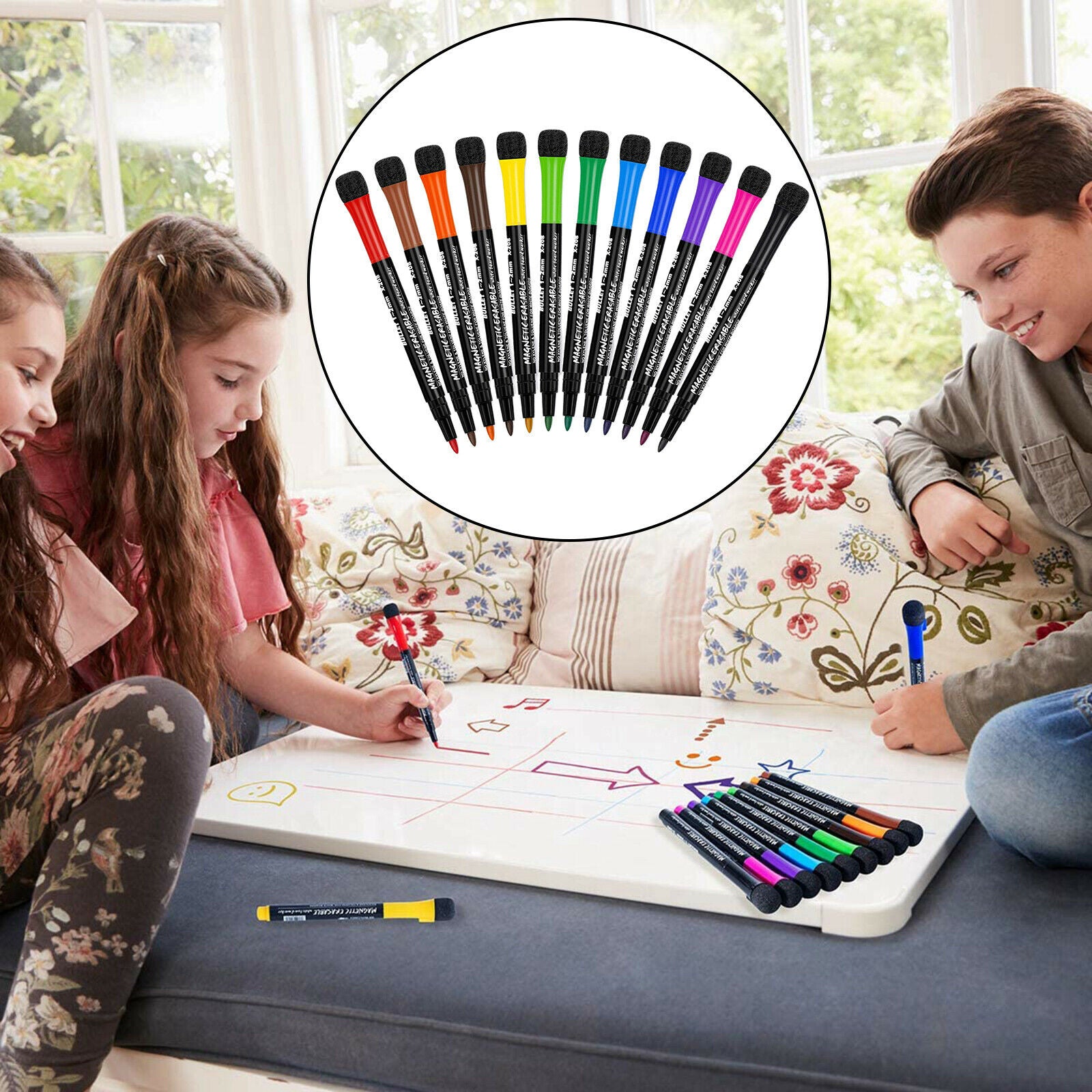 12 Pack Dry Erase Mirror Markers Erasable Whiteboard Maker Pens Low Odor