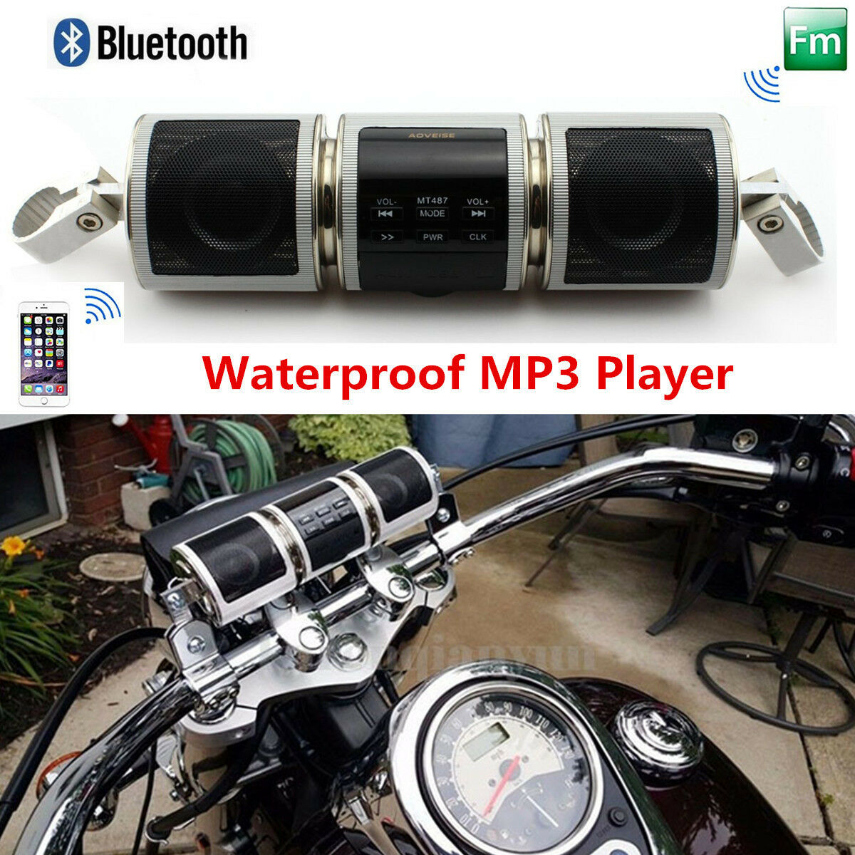 Waterproof Motorcycle Audio System Bluetooth MP3 Player FM Radio Speaker USB/Aux