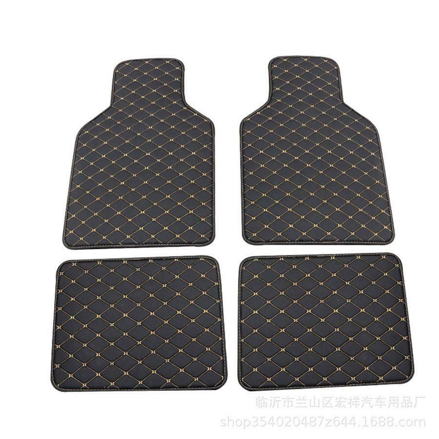 4x Black PU Leather Car Floor Mats Beige Line Waterproof Interior Universal