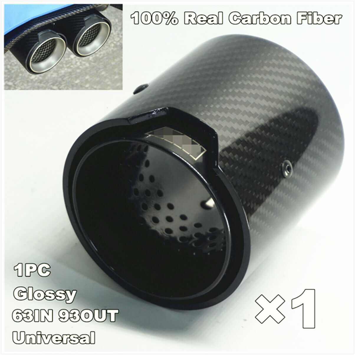 Universal 1PC 63MM IN 93MM OUT Glossy 100% Real Carbon Fiber Exhaust tip