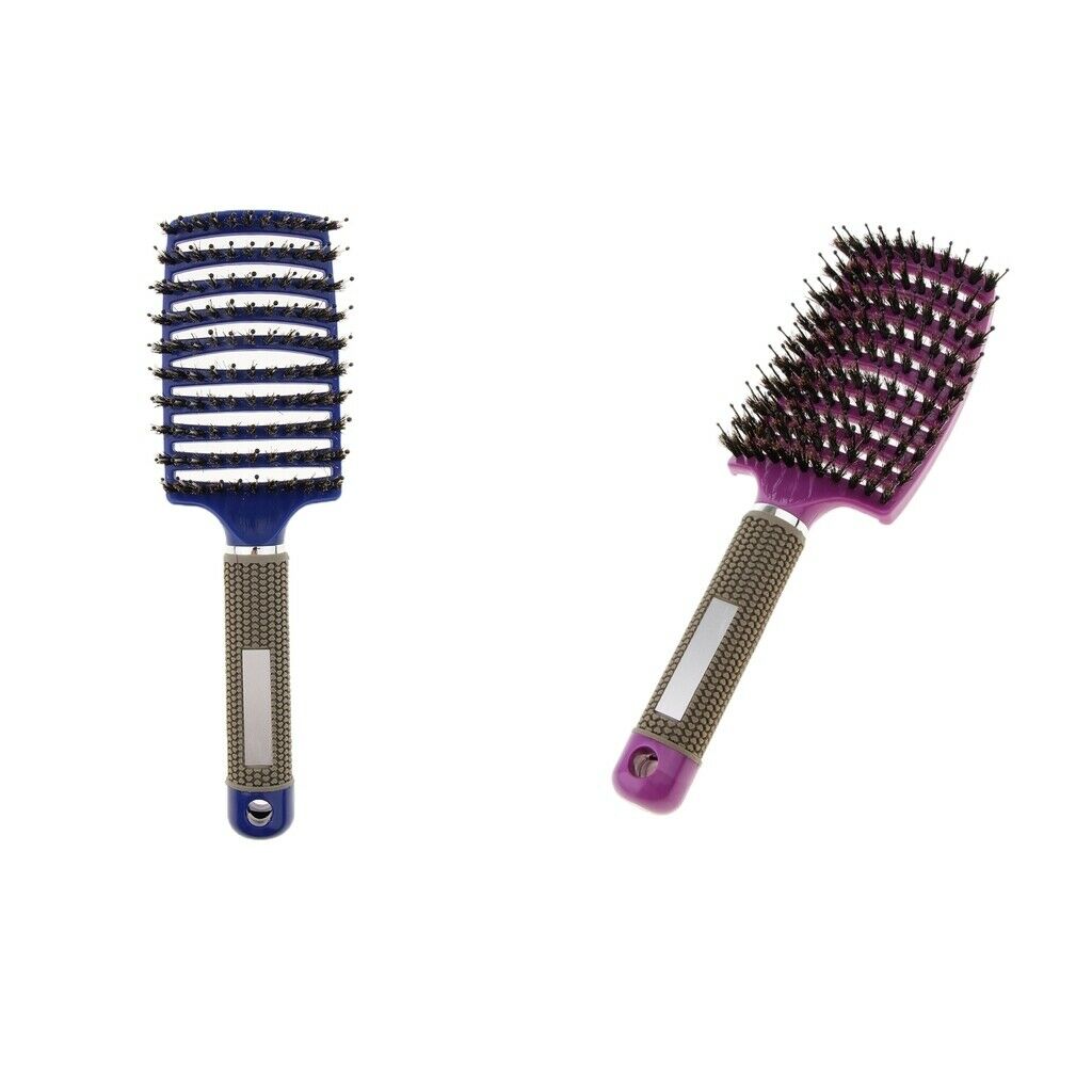 2x Curved Paddle Comb Scalp Massage Hair Brush Boar  Hair Detangling
