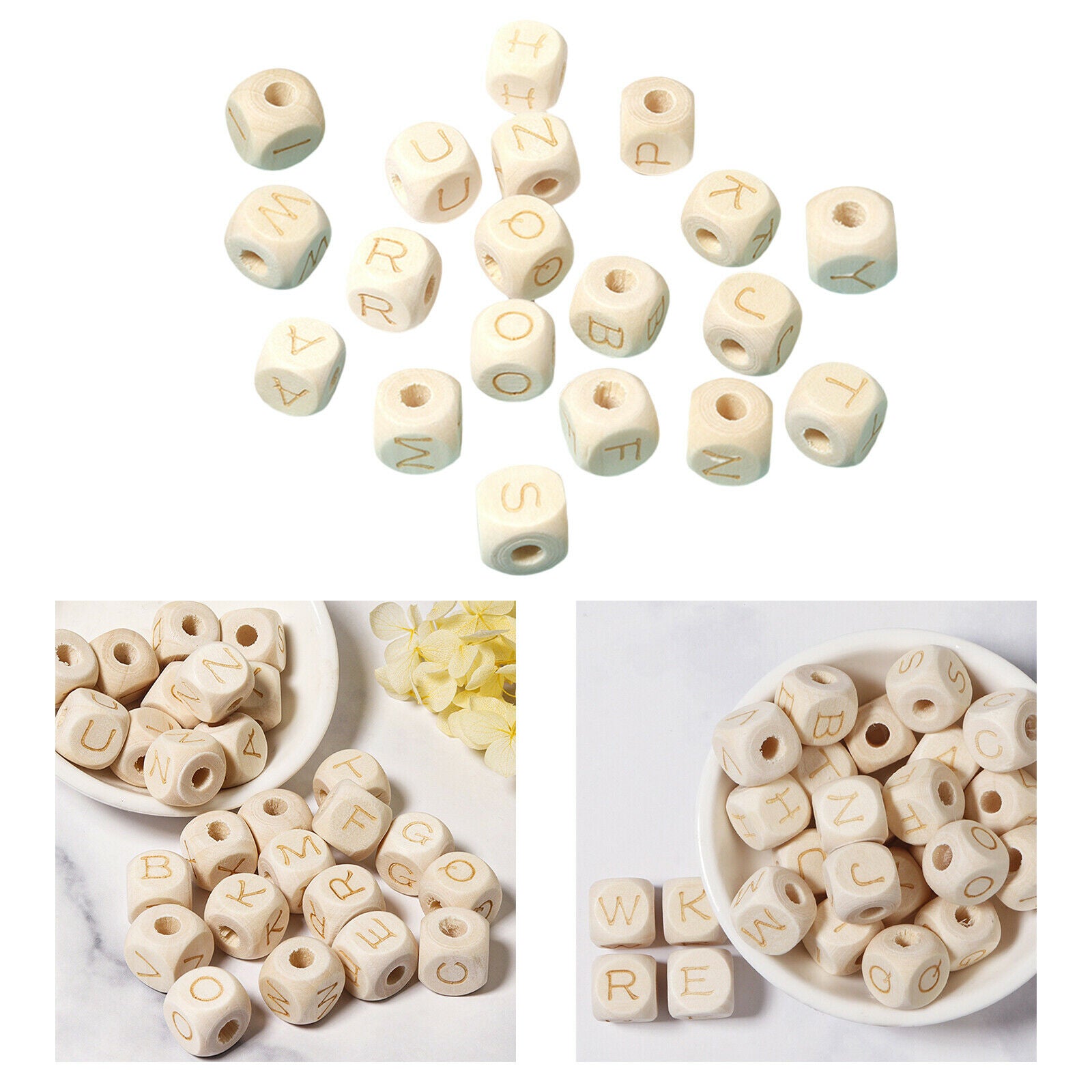 26 Pieces Square Wood Letter Beads Loose Bead Initial A-Z Crafting Supplies
