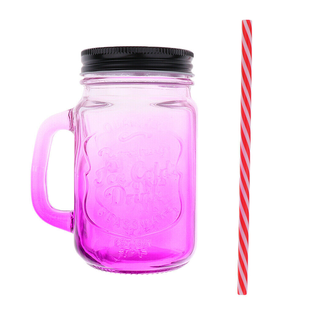 2Pcs/Set Retro Gradient Color Jars Mugs Glass w/ Handles Lids & Straws Gifts