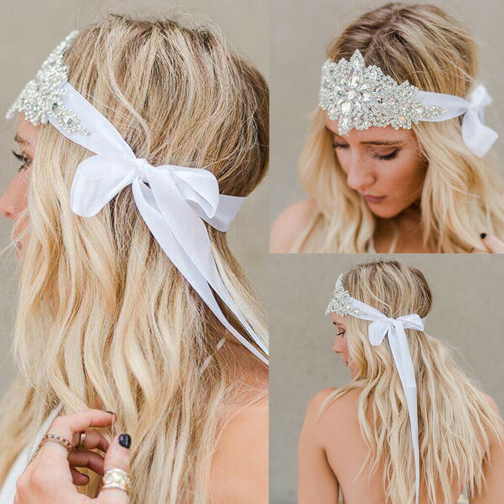 Crystals Rhinestone Headband with Ribbon Headpiece Hair Accessory for Women