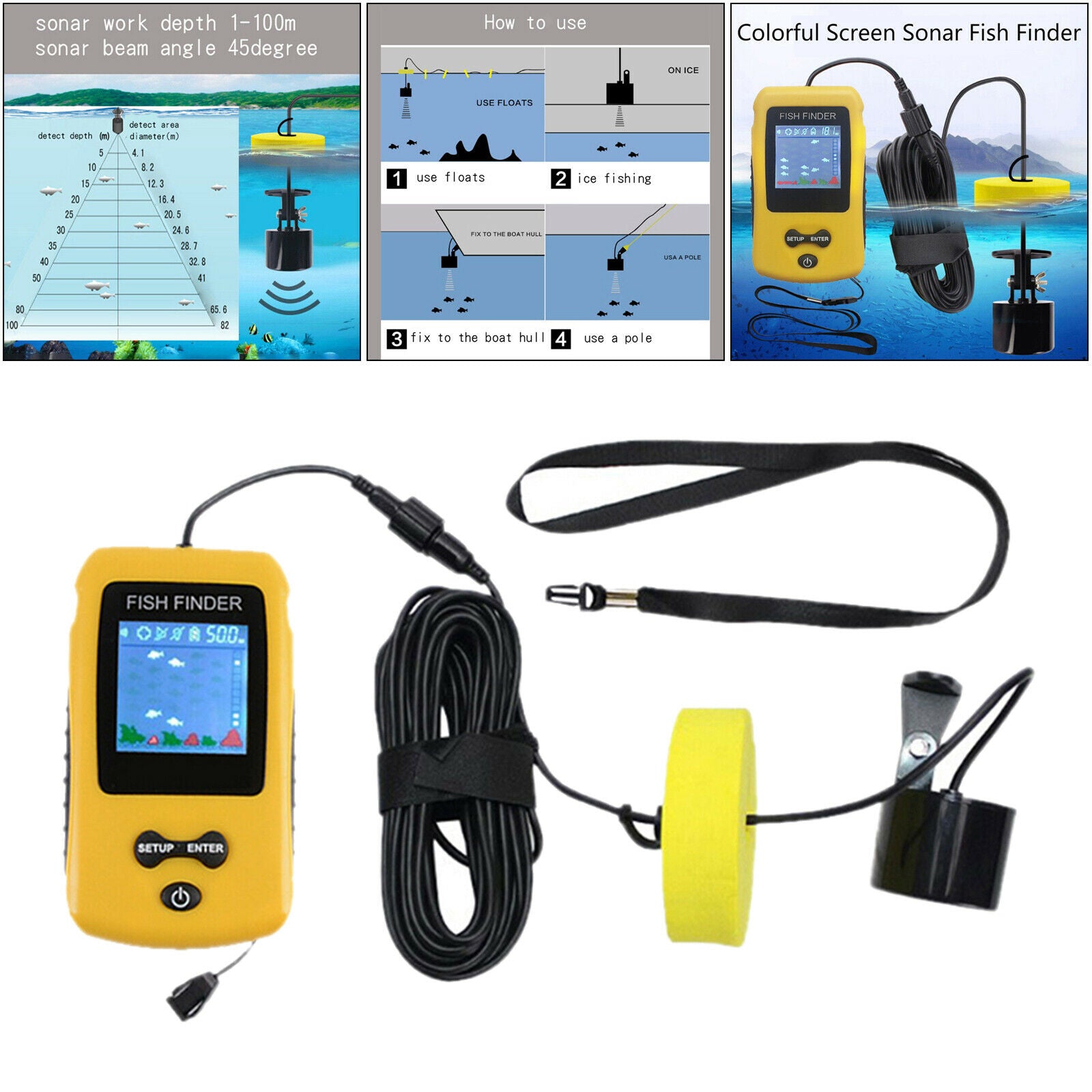 Portable Handheld Fish Finder 100m Sounder Sonar Sensor Fishfinder Kayak