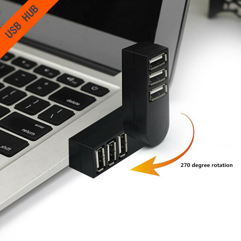 USB 2.0 Mini 3-Port Rotary Splitter Adapter Hub For PC Laptop Notebook Black