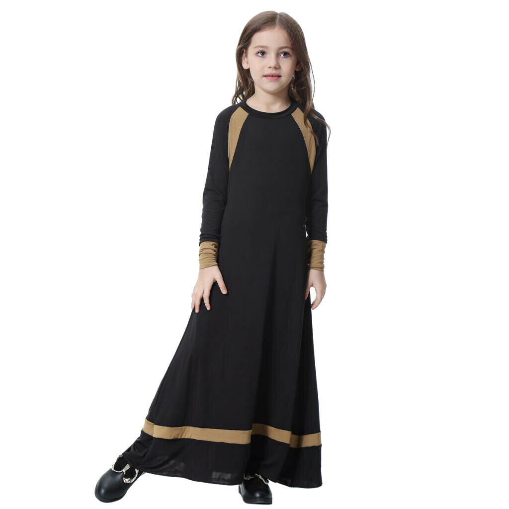 Girls Hit Color Long Sleeve Muslim Maxi Dress Ball Gown Abayas Black S