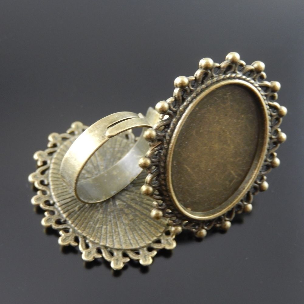 Retro Style Bronze Zinc Alloy Tray Cameo Setting Ring Adjustable 25*18mm 6pcs