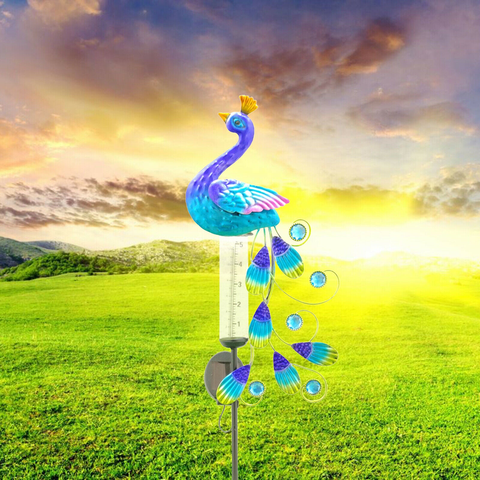Beautiful Peacock Rain Gauge Solar LED Light Decorative Yard Garden Decor