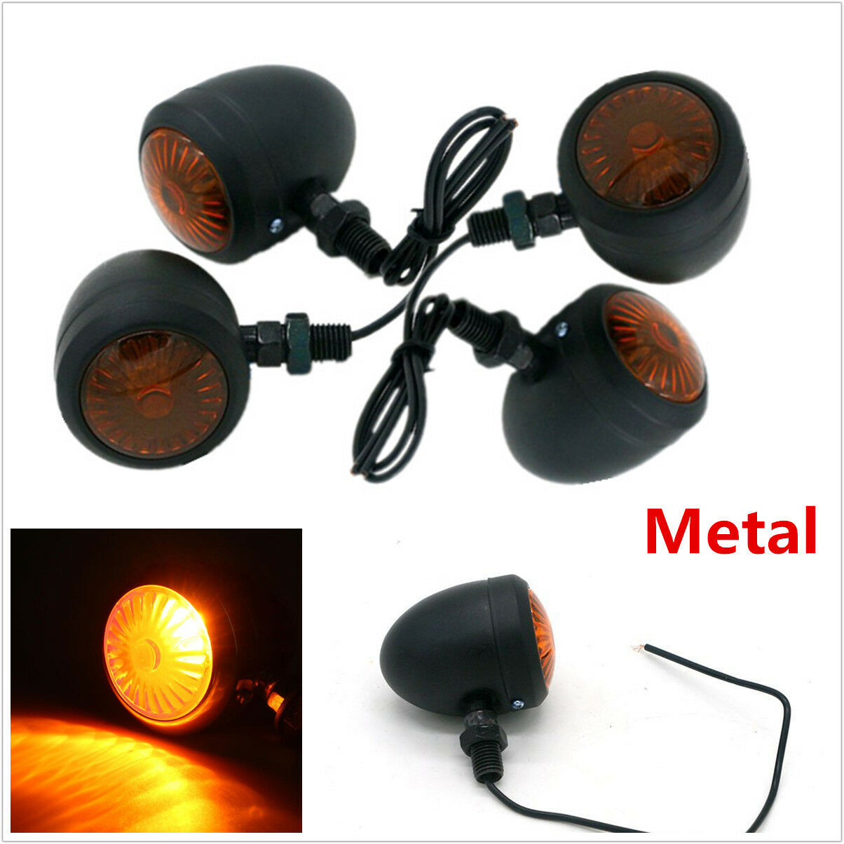 4X Metal Amber Motorcycle Turn Signal Indicator Light Lamp Bulb Black