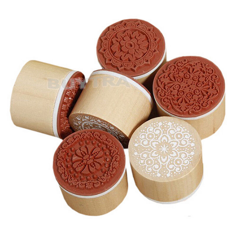 6X Assorted Wooden Rubber Stamp Round Shape Handwriting Floral Flower Cra C XC