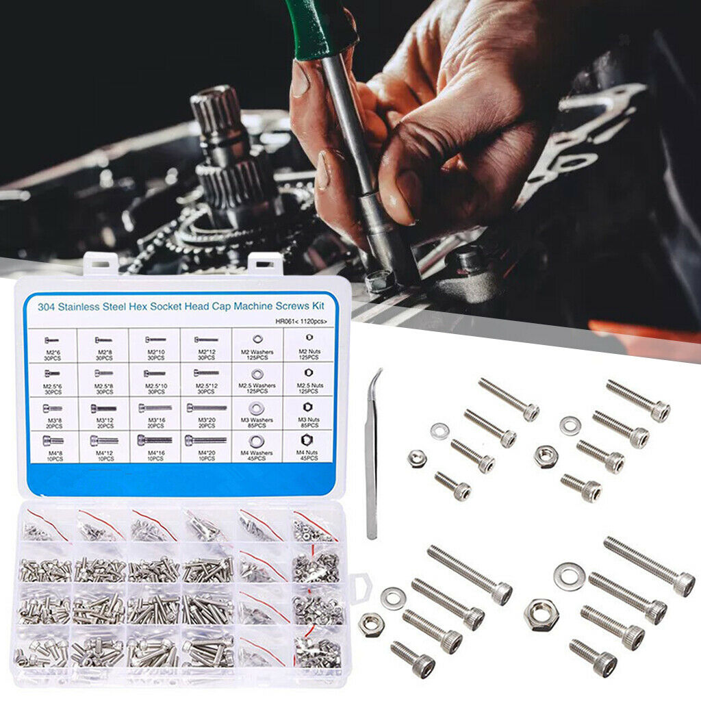 1120pcs M2 M2.5 M3 M4 Hex Socket Head Round with Wrenches Tweezers