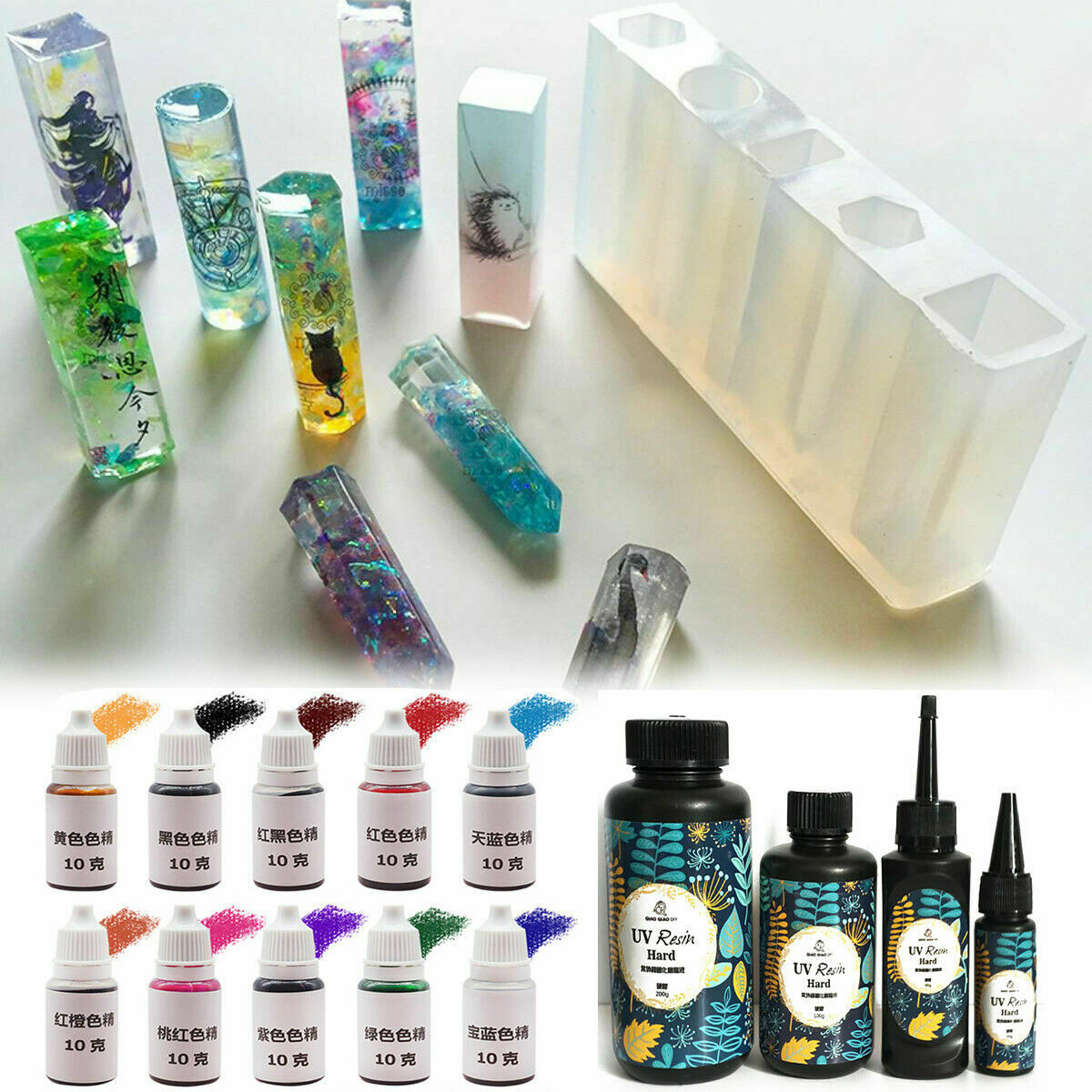 5Pcs Silicone Moules + 10Pcs Ã‰poxy UV RÃ©sine Coloriage Teinture +25g Curing S