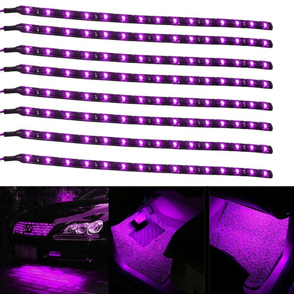 8pc 12V 15 LED 30cm Car Vehicle Motor Flexible Waterproof Strip Light SMD Purple