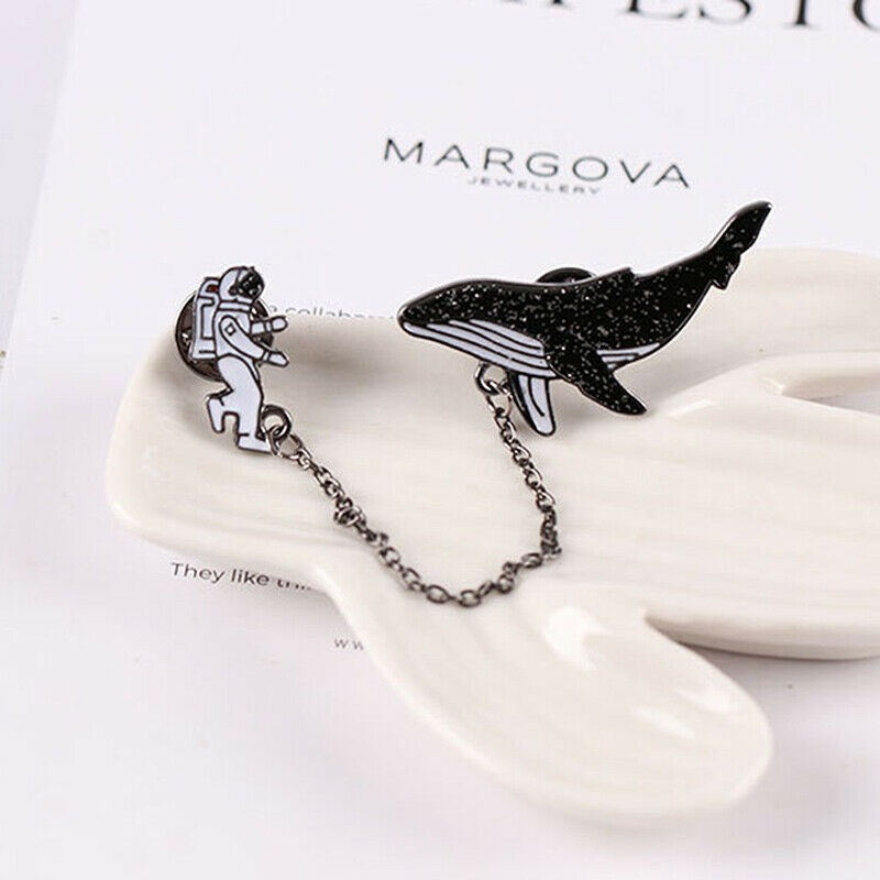 Whale Astronaut Chain Brooch Cartoon Animals Sea Fish Outer Space Lapel P.l8