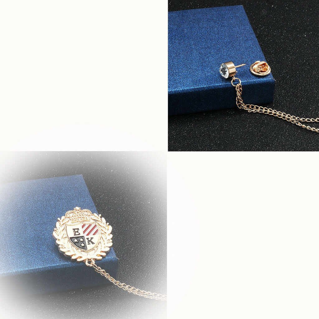 2 Pcs Crystal Shield Brooch w/ Tassel Chain Wedding Prom Label Pin Jewelry