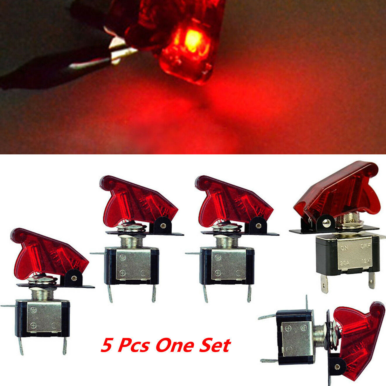 5x 12V 20A Red Cover LED Light Rocker Toggle Switch SPST ON/OFF Car Racing Truck