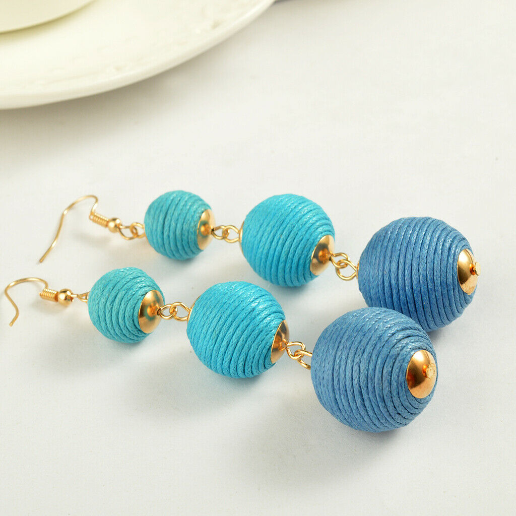 Handmade Women Multi Layer Balls Woolen Earrings Ear Hook Dangle Light Blue