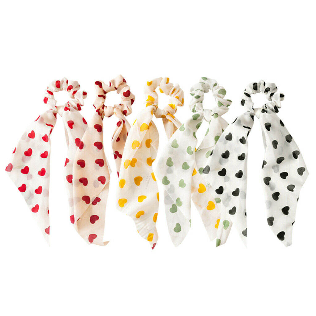 5x Hair Scrunchies Heart Print Wide Ribbon Elastic Hair Ties Updo Tool