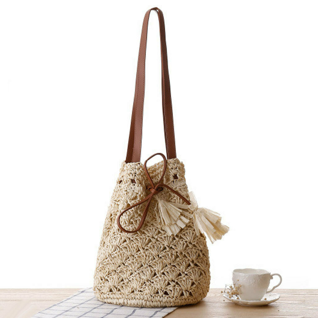 Ladies Handbag Drawstring Tote Straw Woven Purse Beach Shoulder Bag Beige